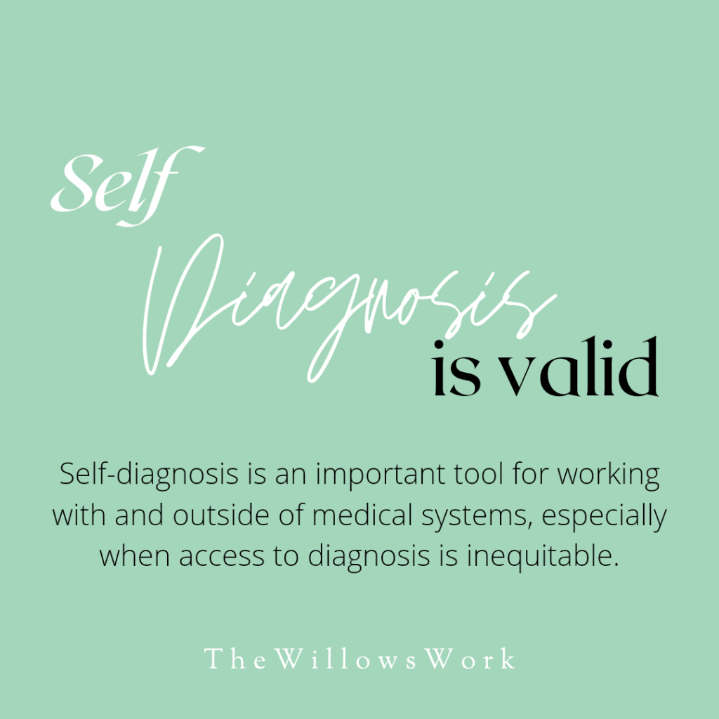 A teal background with the text: Self diagnosis is valid. Self diagnosis is an important tool for working with and outside of medical systems, especially when access to diagnosis is inequitable.