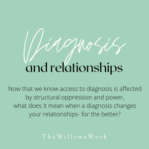 A seafoam green background with text, Diagnosis and Relationships. Now that we know access to diagnosis is affected by structural oppression and power, what does it mean when a diagnosis changes your relationships- for the better? ⠀