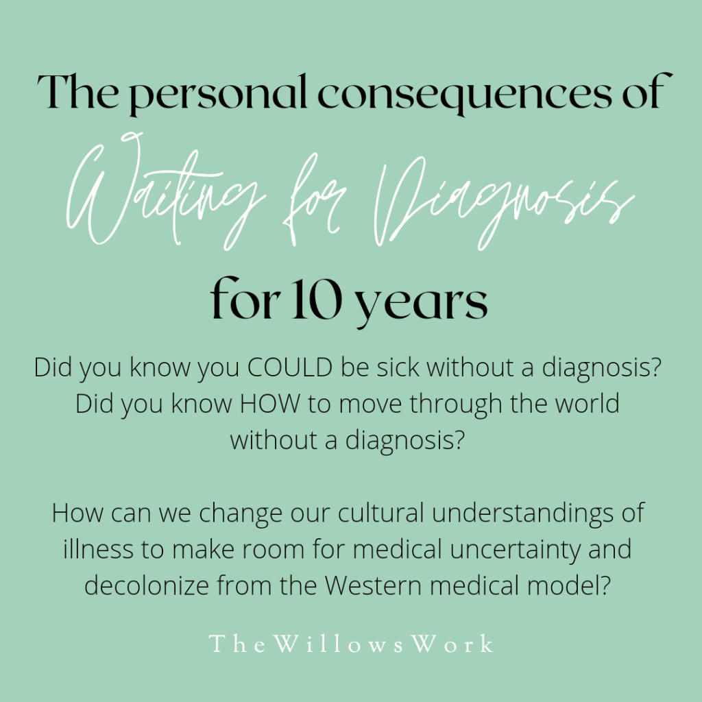 A teal background with black and white text, “The personal consequences of waiting for diagnosis for 10 years. Did you know you COULD be sick without a diagnosis? Did you know how to move through the world without a diagnosis? How can we change our cultural understandings of illness to make room for medical uncertainty, and decolonize from the Western medical model? 
