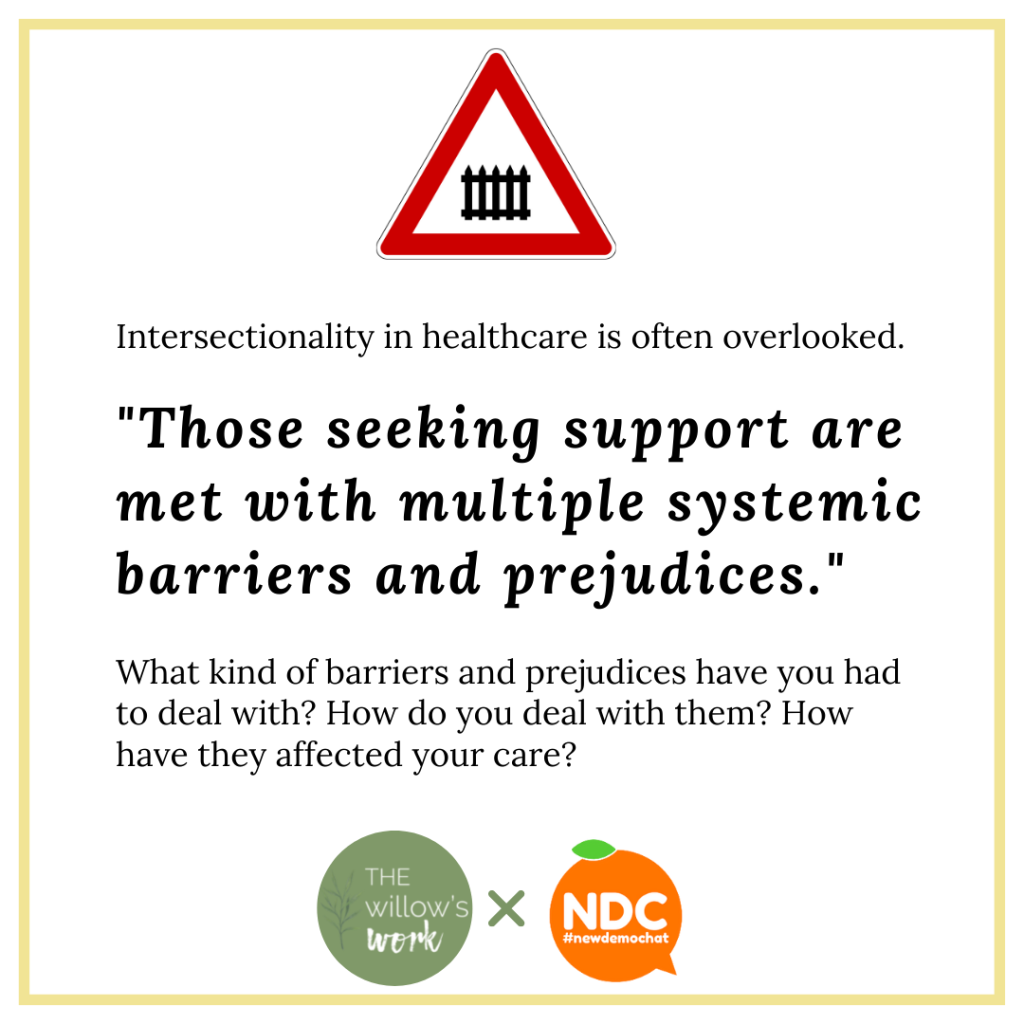 A white background with black text. “Intersectionality in healthcare is often overlooked.” The block quote says, “Those seeking support are met with multiple systemic barriers and prejudices.” And below that, “What kind of barriers and prejudices have you had to deal with? How do you deal with them? How have they affected your care?” At the center top of the image is a red warning triangle with a fence pictured within it. ⁣
