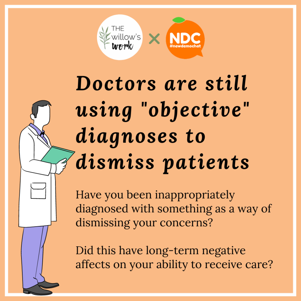 An orange background with black text and a cartoon of a doctor holding a file. “Doctors are still using ‘objective’ diagnoses to dismiss patients.” And below it, “Have you been inappropriately diagnosed with something as a way of dismissing your concerns? Did this have long-term negative affects on your ability to receive care?”⁣