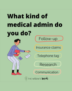 ID: A green image from The Willow’s Work with bold text, “What kind of medical admin do you do?” A list to the right reads, “Follow-up, insurance claims, telephone tag, research, community” surrounded by pastel wobbly ovals. To the left is a graphic of someone with short hair blushing as paper falls out of their folder. ⁣