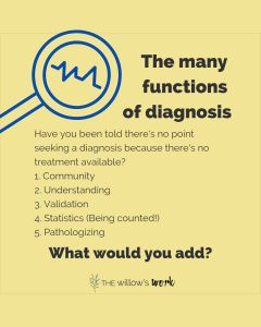 A yellow background with a big blue magnifying glass showing a heartbeat pattern. The title text reads, “The many functions of diagnosis” and at the bottom in bold, “What would you add?” In the center it asks, “Have you been told there’s no point seeking a diagnosis because there’s no treatment available?” and then lists the above functions, “Community, understanding, validation, statistics (being counted!) and pathologizing.” The Willow’s Work logo sits at the bottom of the image.⁣